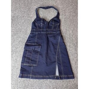 Urban Outfitters Denim Halter‎ Mini Dress Dark Wash Blue XS With Pocket Slit